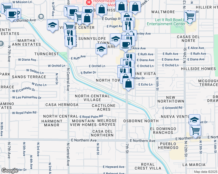 map of restaurants, bars, coffee shops, grocery stores, and more near 422 East Las Palmaritas Drive in Phoenix