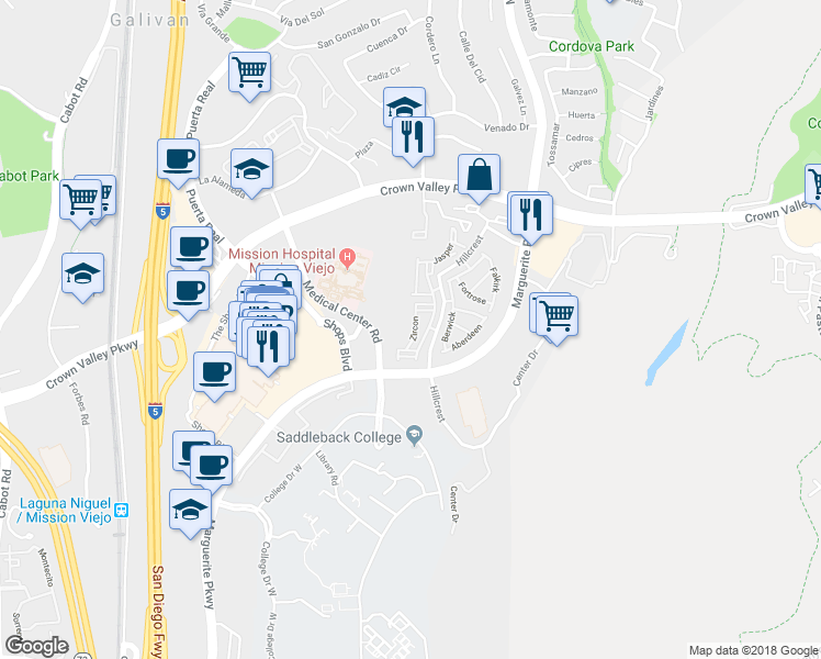 map of restaurants, bars, coffee shops, grocery stores, and more near 27775 Zircon in Mission Viejo