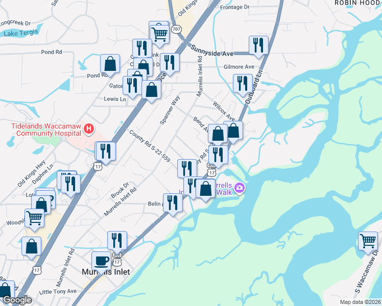 map of restaurants, bars, coffee shops, grocery stores, and more near 558 Patricia Avenue in Murrells Inlet