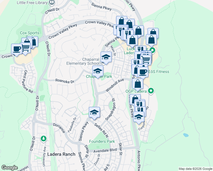 map of restaurants, bars, coffee shops, grocery stores, and more near 50 Three Vines Court in Ladera Ranch