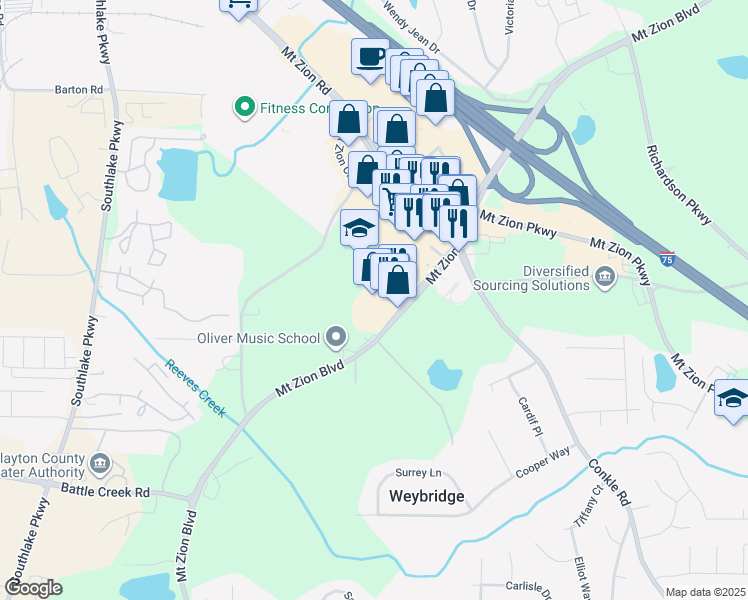 map of restaurants, bars, coffee shops, grocery stores, and more near 7147 Mount Zion Boulevard in Jonesboro