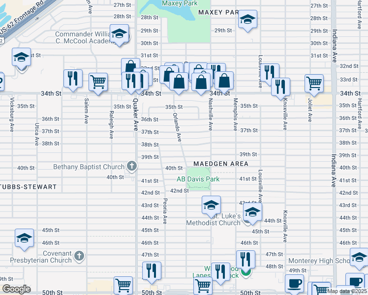 map of restaurants, bars, coffee shops, grocery stores, and more near 4021 38th Street in Lubbock