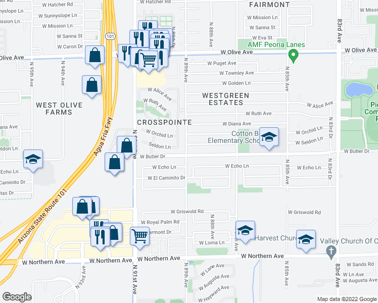 map of restaurants, bars, coffee shops, grocery stores, and more near 8844 West Butler Drive in Peoria