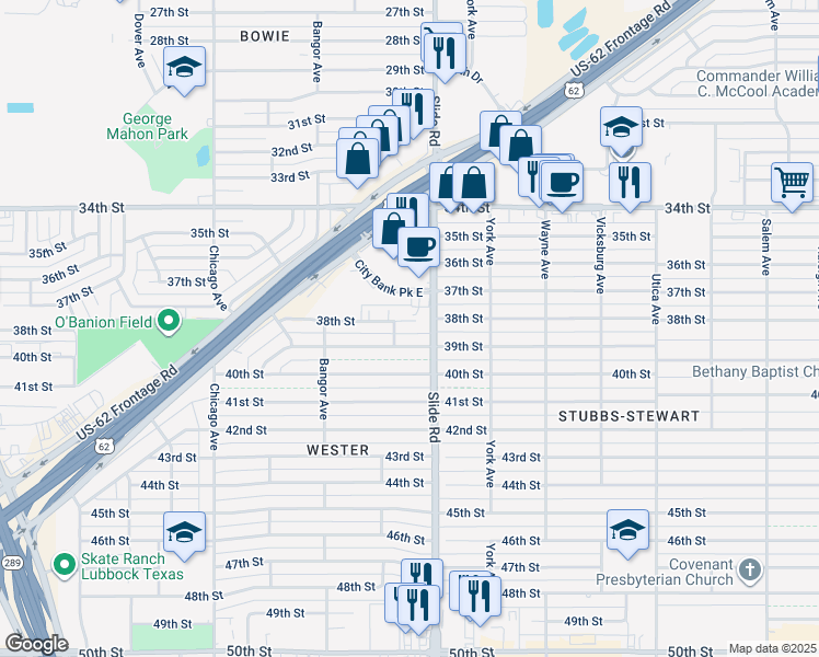 map of restaurants, bars, coffee shops, grocery stores, and more near 5207 38th Street in Lubbock