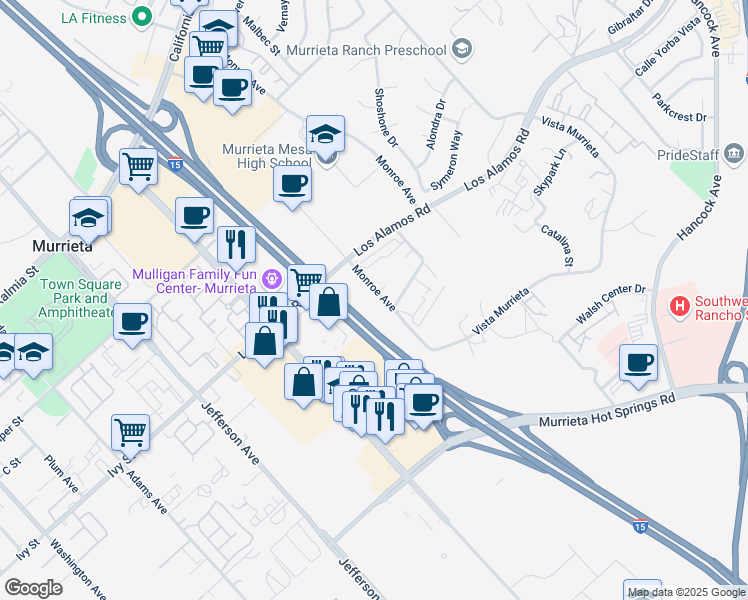 map of restaurants, bars, coffee shops, grocery stores, and more near 25189 Monroe Avenue in Murrieta