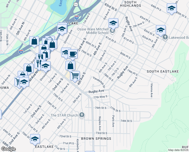 map of restaurants, bars, coffee shops, grocery stores, and more near 501 Vanderbilt Street in Birmingham