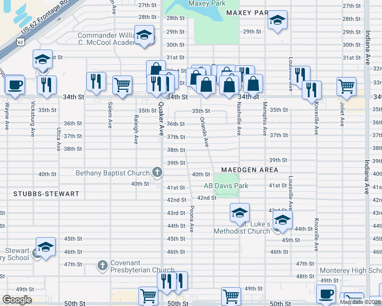 map of restaurants, bars, coffee shops, grocery stores, and more near 4211 38th Street in Lubbock