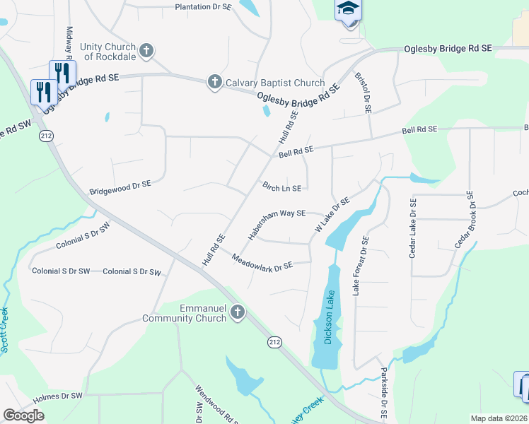 map of restaurants, bars, coffee shops, grocery stores, and more near 4810 Habersham Way Southeast in Conyers