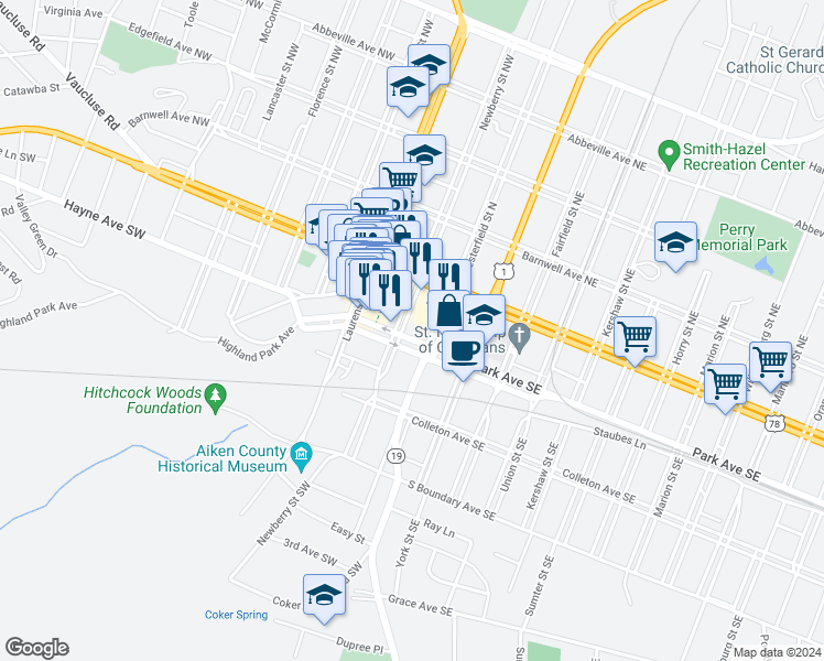 map of restaurants, bars, coffee shops, grocery stores, and more near 126 Park Avenue Southwest in Aiken