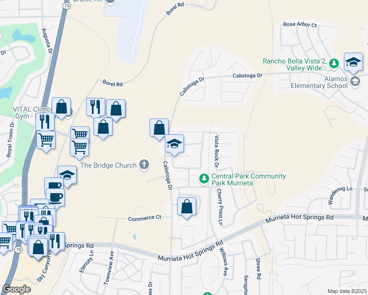 map of restaurants, bars, coffee shops, grocery stores, and more near 30593 Carousel Lane in Murrieta