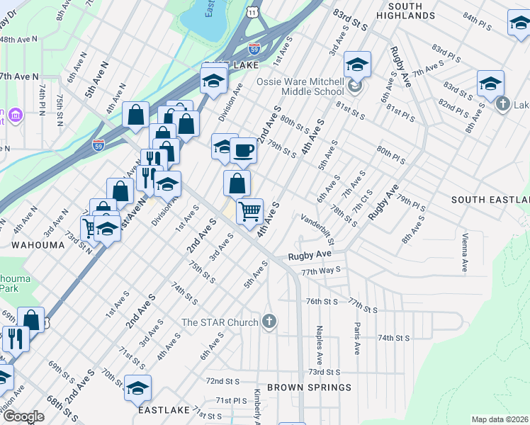 map of restaurants, bars, coffee shops, grocery stores, and more near 7748 4th Avenue South in Birmingham