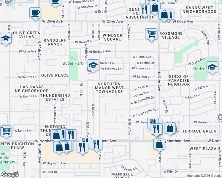 map of restaurants, bars, coffee shops, grocery stores, and more near 5424 W Laurie Ln in Glendale