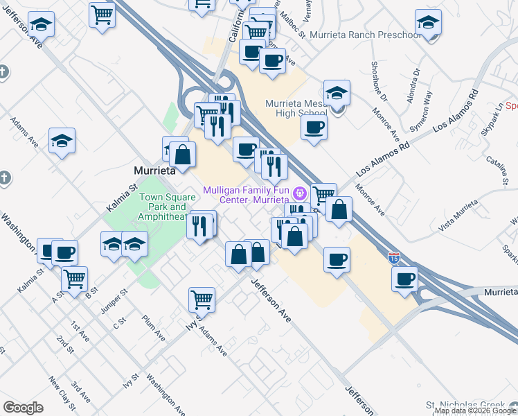 map of restaurants, bars, coffee shops, grocery stores, and more near 24909 Madison Avenue in Murrieta