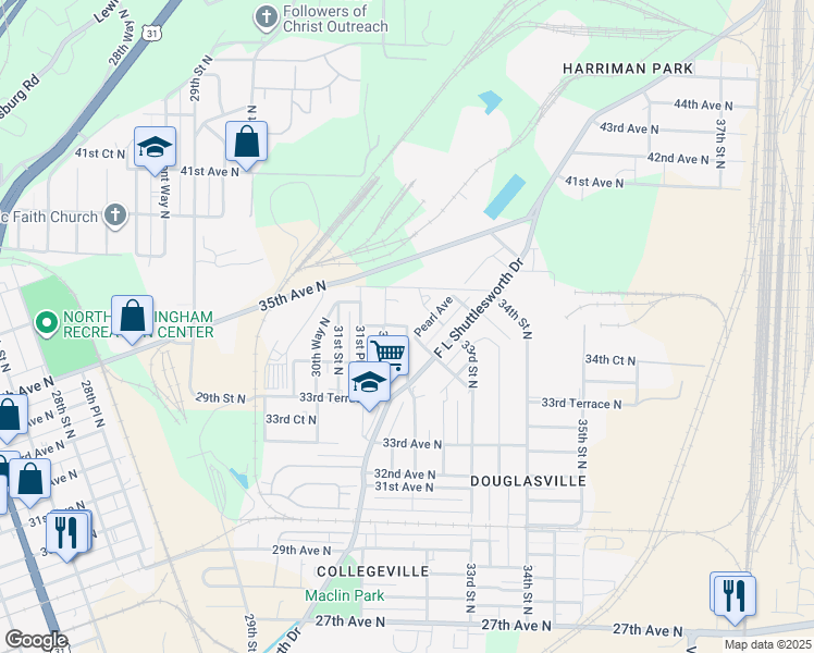 map of restaurants, bars, coffee shops, grocery stores, and more near 3198 34th Court North in Birmingham