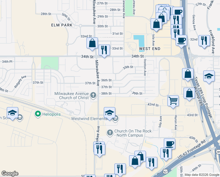 map of restaurants, bars, coffee shops, grocery stores, and more near 6413 37th Street in Lubbock