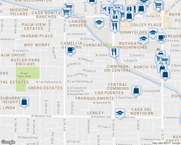 map of restaurants, bars, coffee shops, grocery stores, and more near 301 West Echo Lane in Phoenix