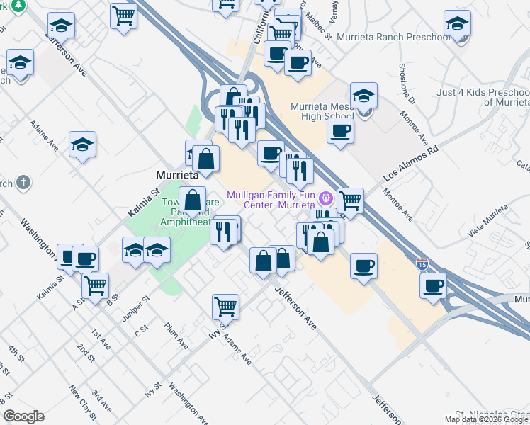 map of restaurants, bars, coffee shops, grocery stores, and more near 41348 Juniper Street in Murrieta
