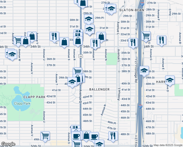 map of restaurants, bars, coffee shops, grocery stores, and more near 1603 38th Street in Lubbock