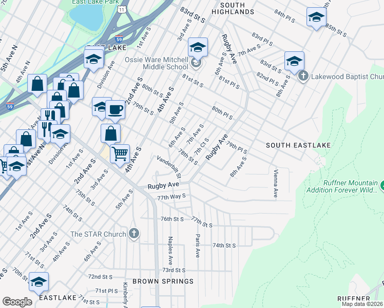 map of restaurants, bars, coffee shops, grocery stores, and more near 7804 7th Court South in Birmingham