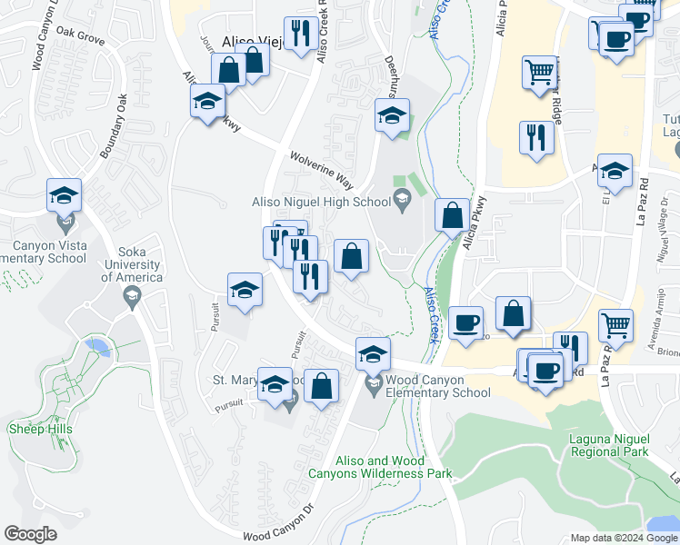 map of restaurants, bars, coffee shops, grocery stores, and more near 180 Matisse Circle in Aliso Viejo