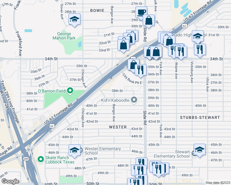 map of restaurants, bars, coffee shops, grocery stores, and more near 5325 38th Street in Lubbock