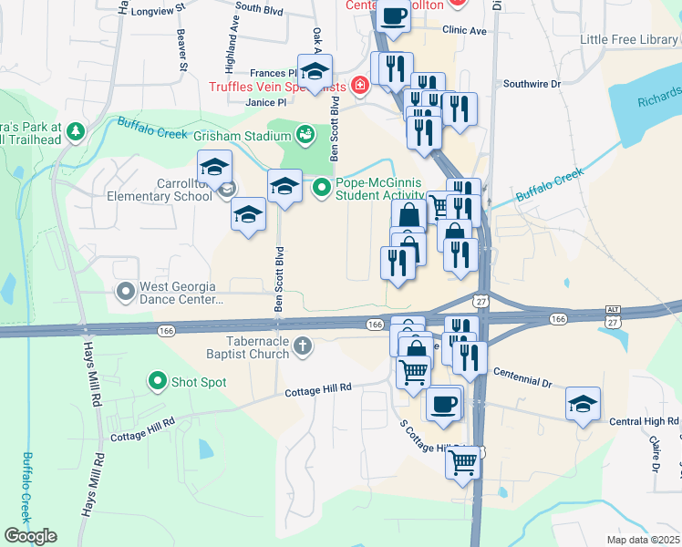 map of restaurants, bars, coffee shops, grocery stores, and more near 121 East Allison in Carrollton