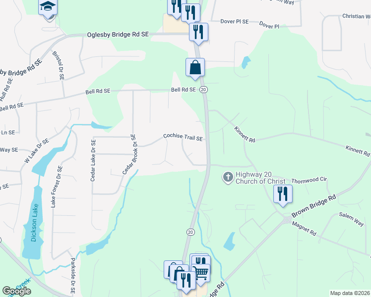 map of restaurants, bars, coffee shops, grocery stores, and more near 4870 Cherokee Way Southeast in Conyers