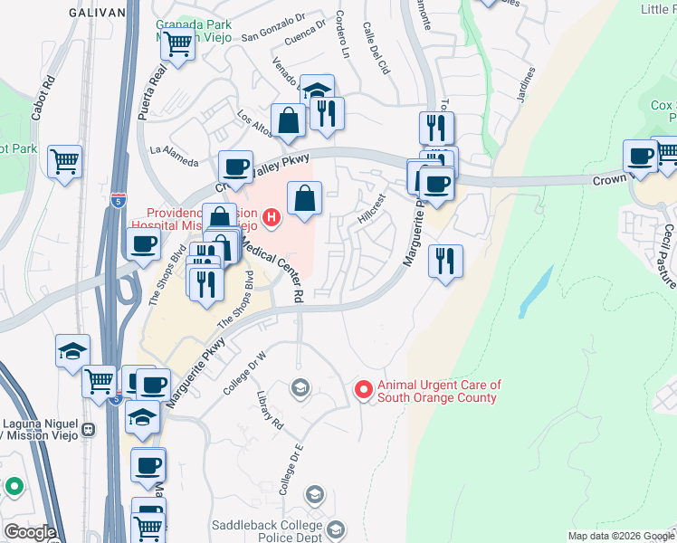 map of restaurants, bars, coffee shops, grocery stores, and more near 27837 Emerald in Mission Viejo