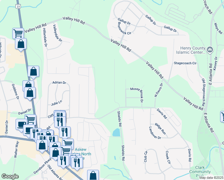 map of restaurants, bars, coffee shops, grocery stores, and more near 34 Sentry Oak Court in Stockbridge