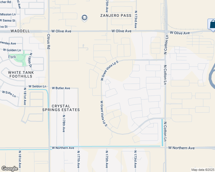 map of restaurants, bars, coffee shops, grocery stores, and more near 17453 West Seldon Lane in Waddell