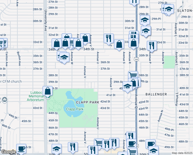 map of restaurants, bars, coffee shops, grocery stores, and more near 2101 38th Street in Lubbock