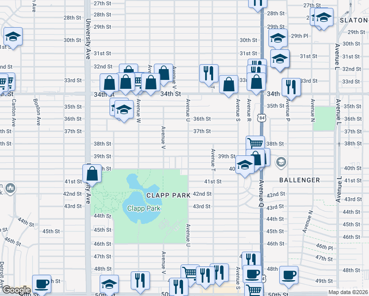 map of restaurants, bars, coffee shops, grocery stores, and more near 2101 38th Street in Lubbock
