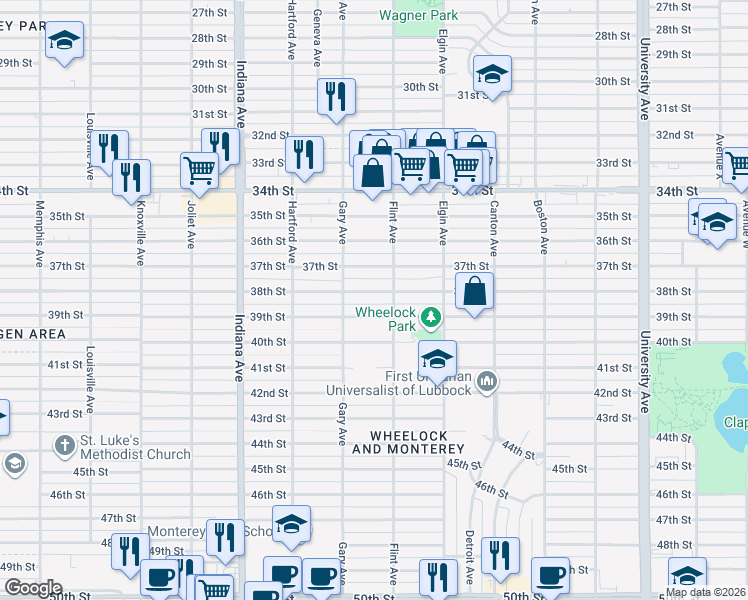 map of restaurants, bars, coffee shops, grocery stores, and more near 3101 38th Street in Lubbock