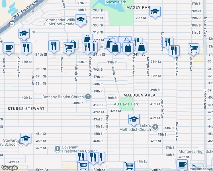 map of restaurants, bars, coffee shops, grocery stores, and more near 4211 38th Street in Lubbock