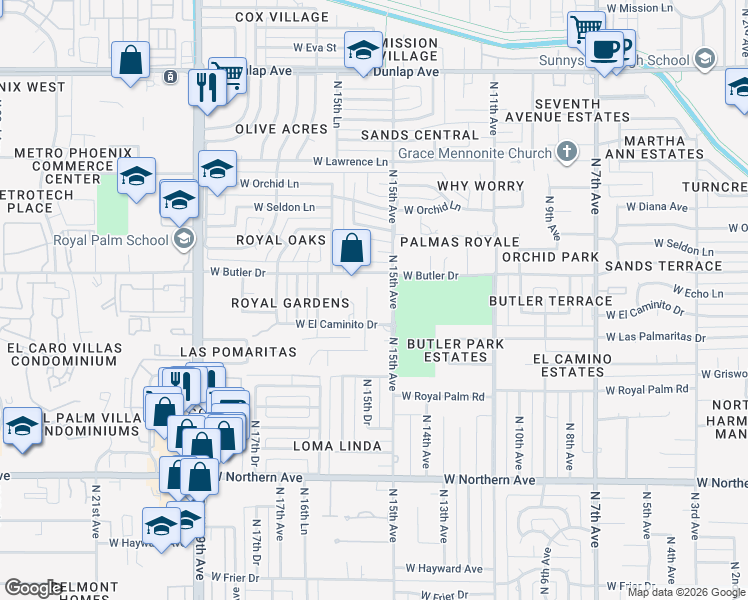 map of restaurants, bars, coffee shops, grocery stores, and more near 8421 North Diller Grove Lane in Phoenix