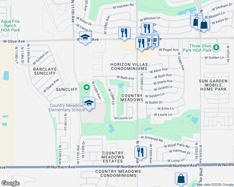 map of restaurants, bars, coffee shops, grocery stores, and more near 8566 North 108th Drive in Peoria