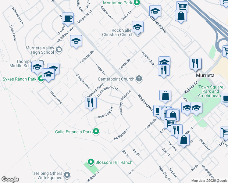 map of restaurants, bars, coffee shops, grocery stores, and more near 42112 Thoroughbred Lane in Murrieta