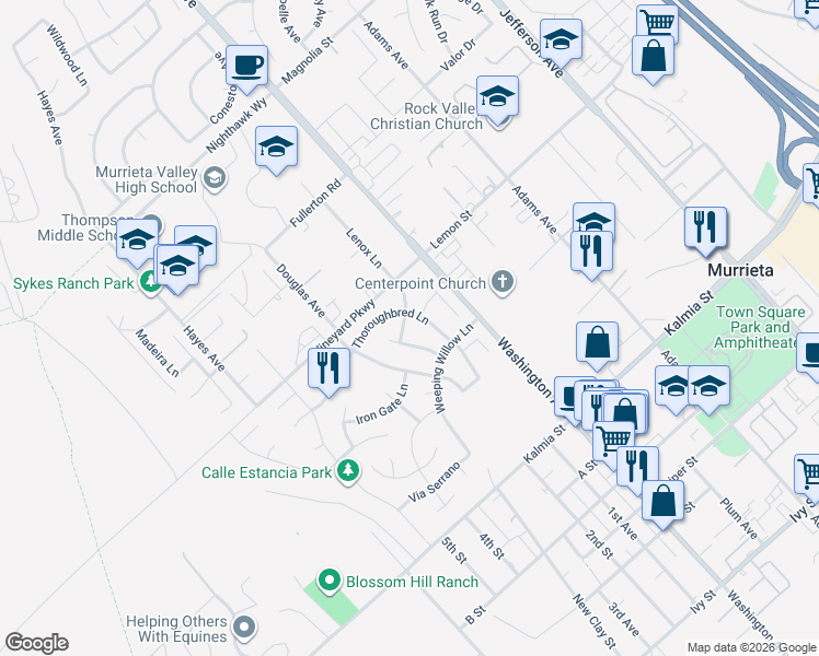 map of restaurants, bars, coffee shops, grocery stores, and more near 42112 Thoroughbred Lane in Murrieta