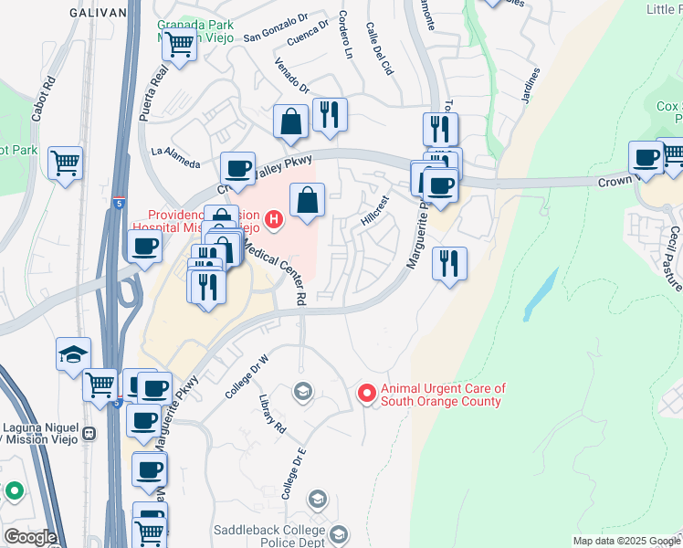 map of restaurants, bars, coffee shops, grocery stores, and more near 27791 Berwick in Mission Viejo