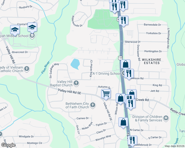 map of restaurants, bars, coffee shops, grocery stores, and more near 427 Camelot Parkway in Jonesboro