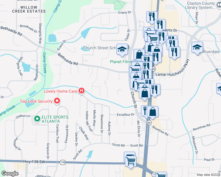 map of restaurants, bars, coffee shops, grocery stores, and more near 7150 Greystone Drive in Riverdale