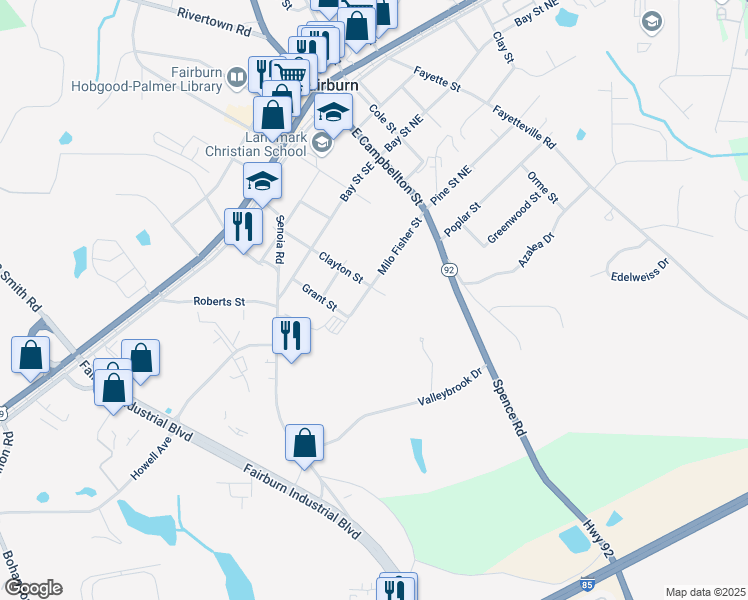 map of restaurants, bars, coffee shops, grocery stores, and more near 233 Clayton Street in Fairburn