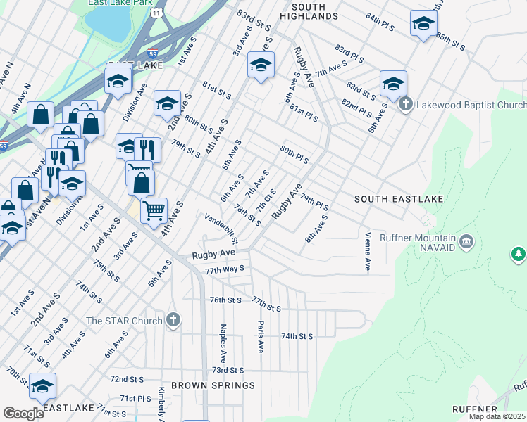 map of restaurants, bars, coffee shops, grocery stores, and more near 7824 Rugby Avenue in Birmingham