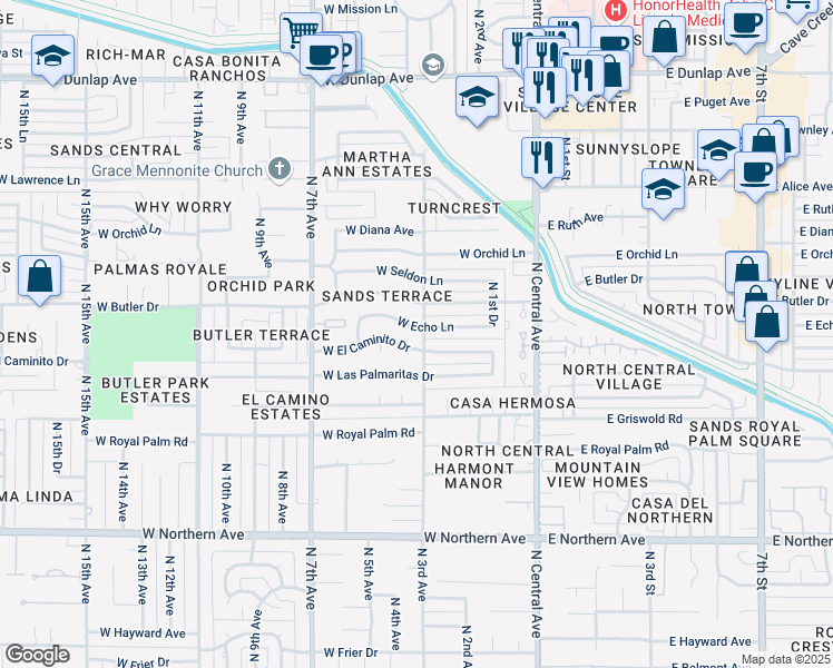 map of restaurants, bars, coffee shops, grocery stores, and more near 301 West Echo Lane in Phoenix