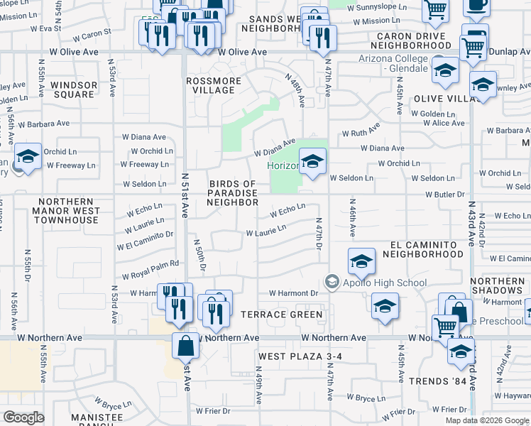 map of restaurants, bars, coffee shops, grocery stores, and more near 4828 West Echo Lane in Glendale