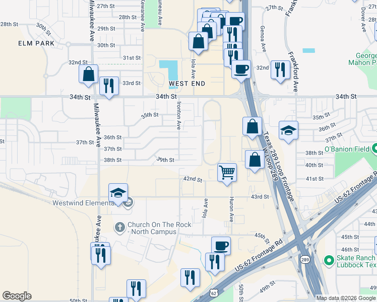 map of restaurants, bars, coffee shops, grocery stores, and more near 6113 38th Street in Lubbock