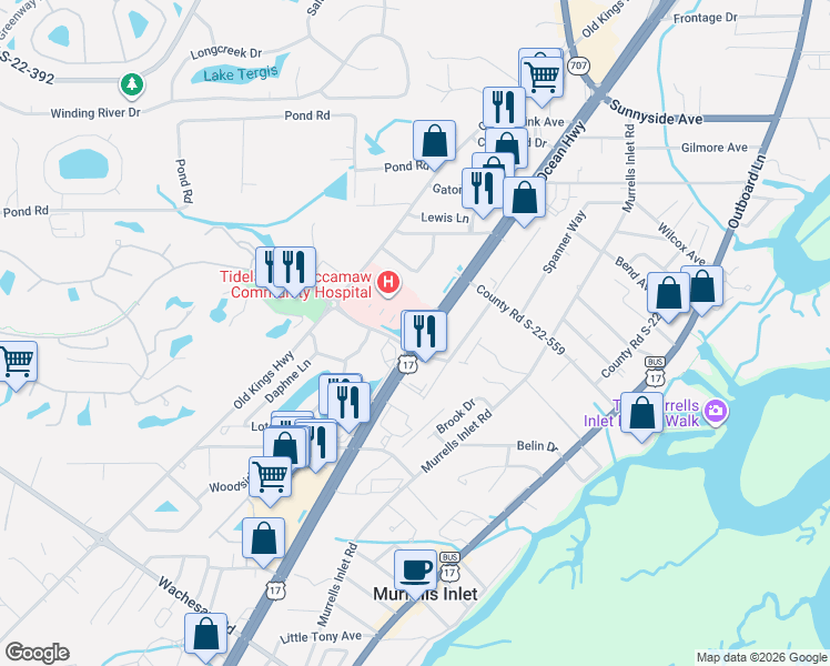 map of restaurants, bars, coffee shops, grocery stores, and more near 4070 Ocean Highway in Murrells Inlet