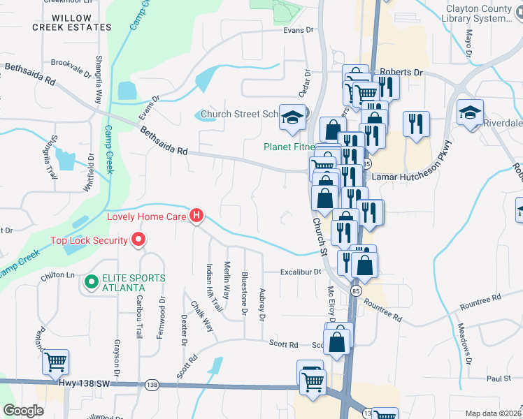 map of restaurants, bars, coffee shops, grocery stores, and more near 7150 Greystone Drive in Riverdale