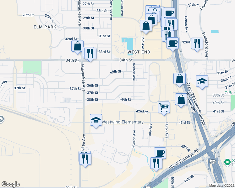 map of restaurants, bars, coffee shops, grocery stores, and more near 6140 38th Street in Lubbock