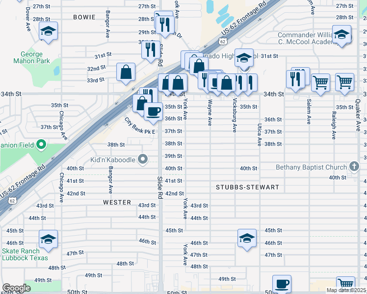 map of restaurants, bars, coffee shops, grocery stores, and more near 5101 38th Street in Lubbock